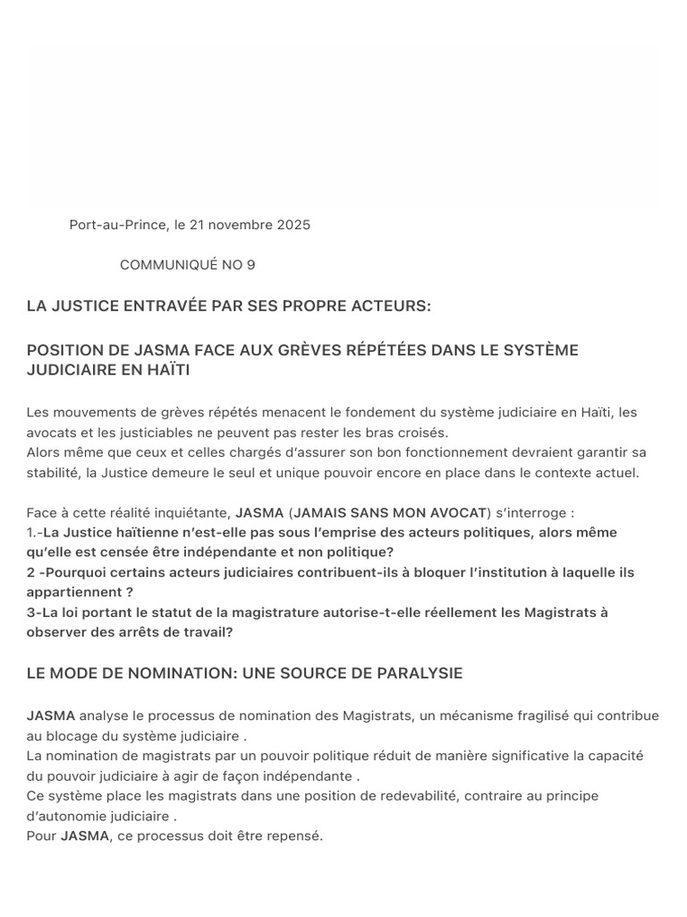 Grèves judiciaires : JASMA interpelle Haïti | PDF | Justice | Crime et ...
