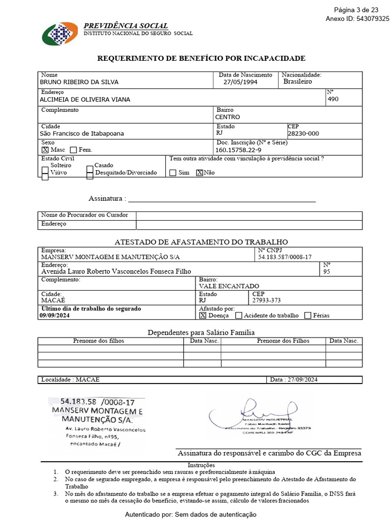 Requerimento de Benefício por Incapacidade | PDF | Bem-estar social ...
