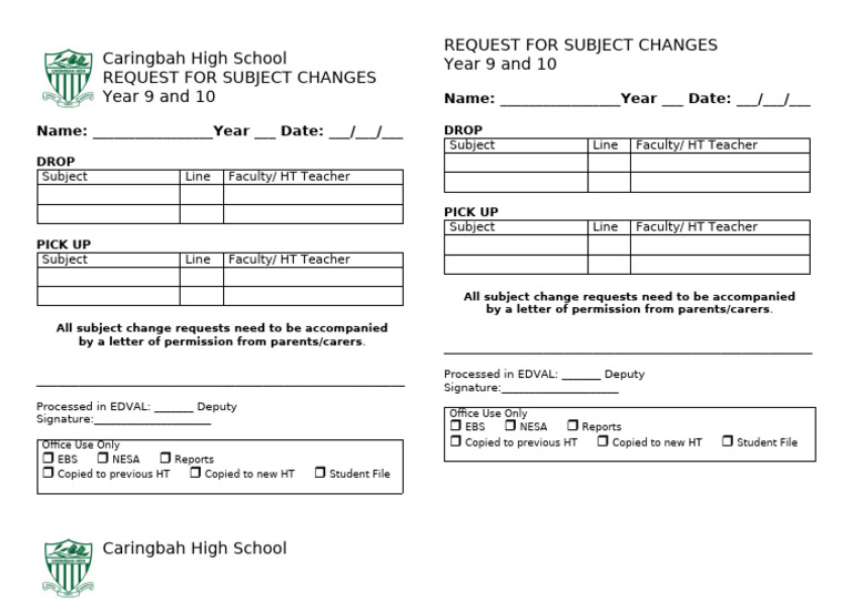 Caringbah High School Subject Change Form | PDF