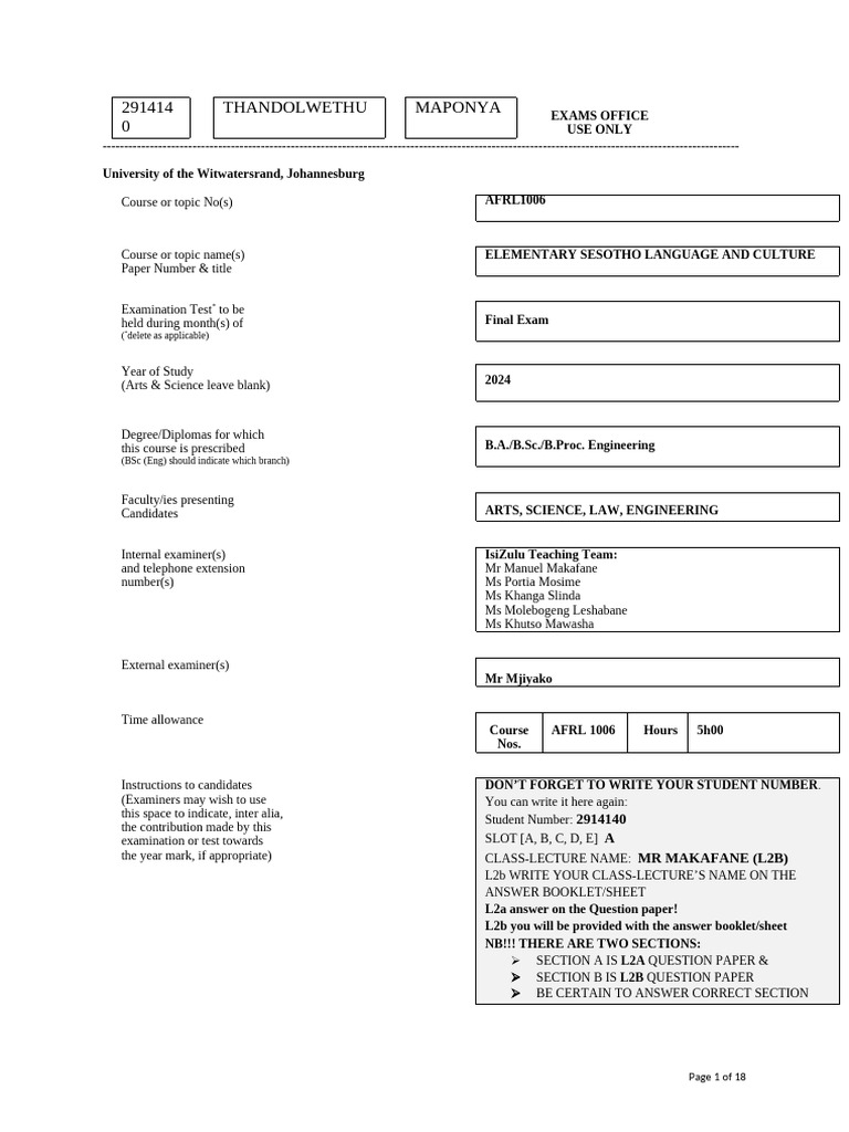 Exam Paper: Elementary Sesotho Language | PDF | Linguistics