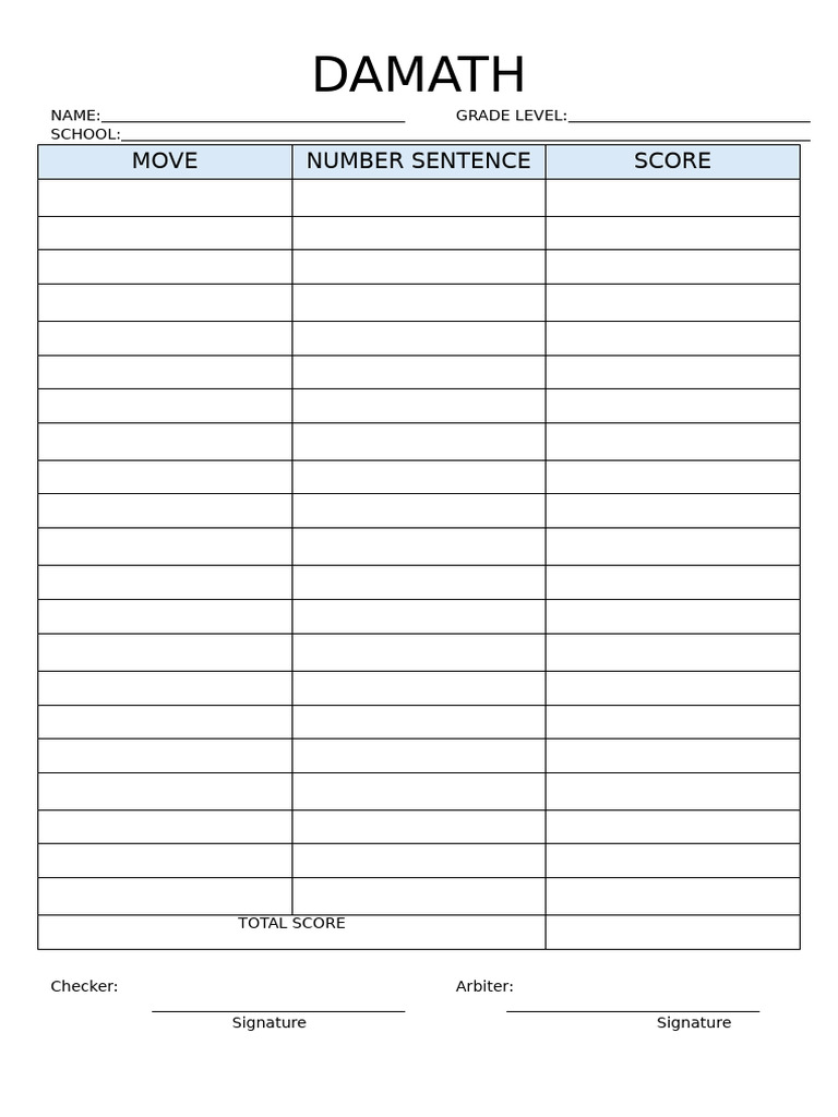 Damath & Sci Damath Chips & Record Sheet | PDF