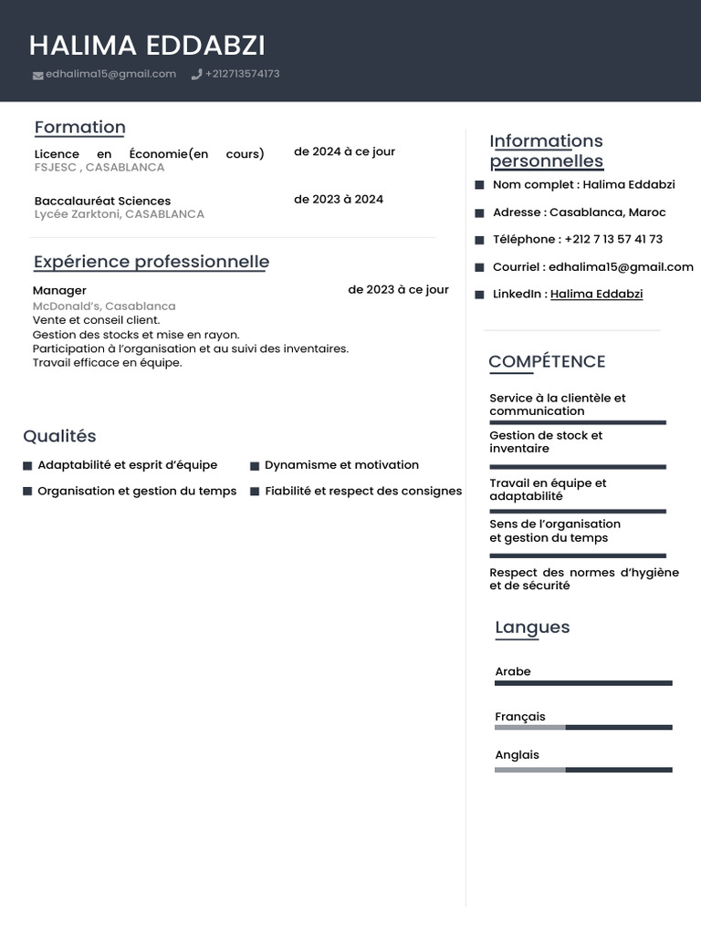 CV de Halima Eddabzi - Manager à McDonald's | PDF | Business