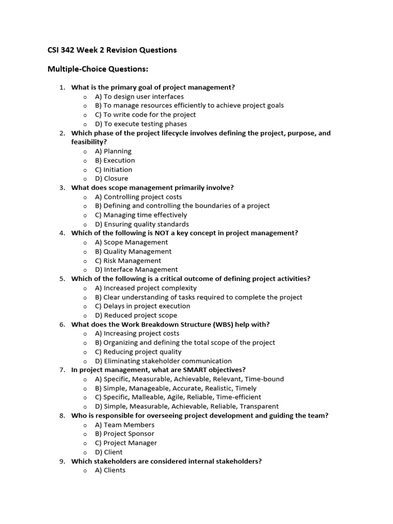 CSI 342 Week 2 Revision Questions | PDF | Project Management | Business