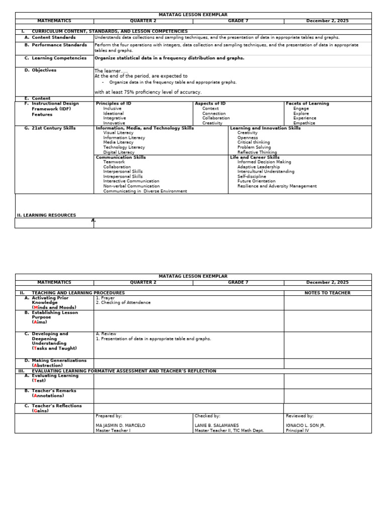 Grade 7 Math Lesson on Data Handling | PDF | Learning | Teachers