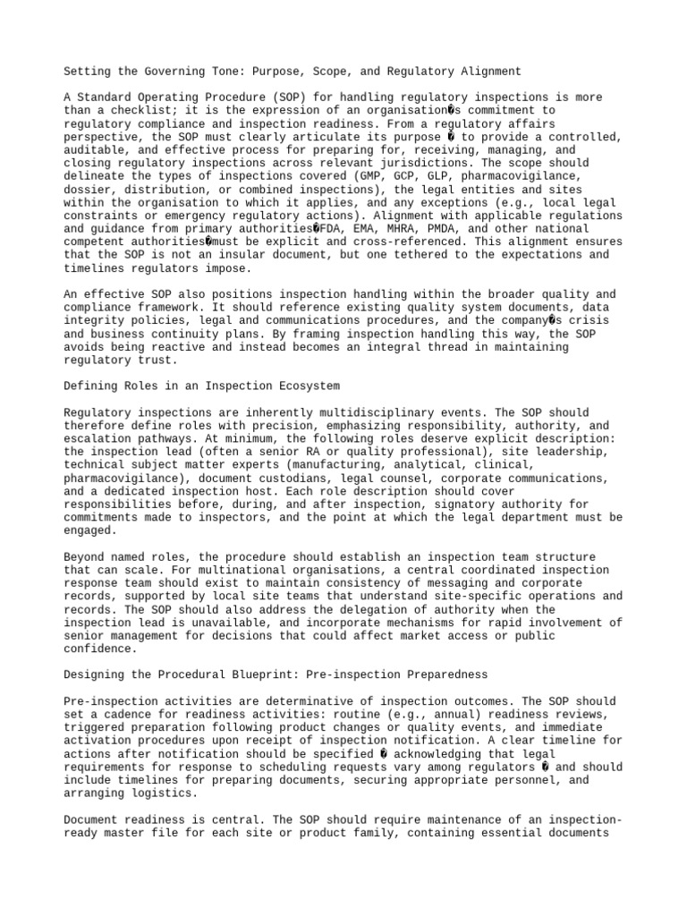 Regulatory Inspection SOP Guidelines | PDF | Regulatory Compliance ...