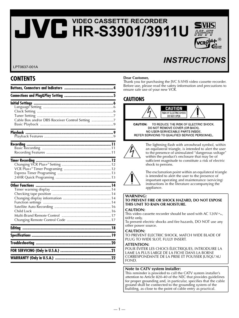 JVC S-VHS VCR User Manual Guide | PDF | Electrical Connector ...