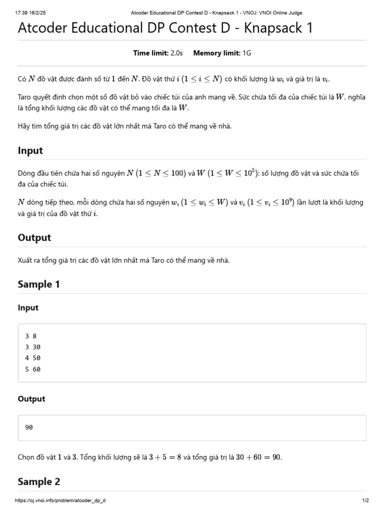 Atcoder Educational DP Contest D - Knapsack 1 - VNOJ - VNOI Online ...