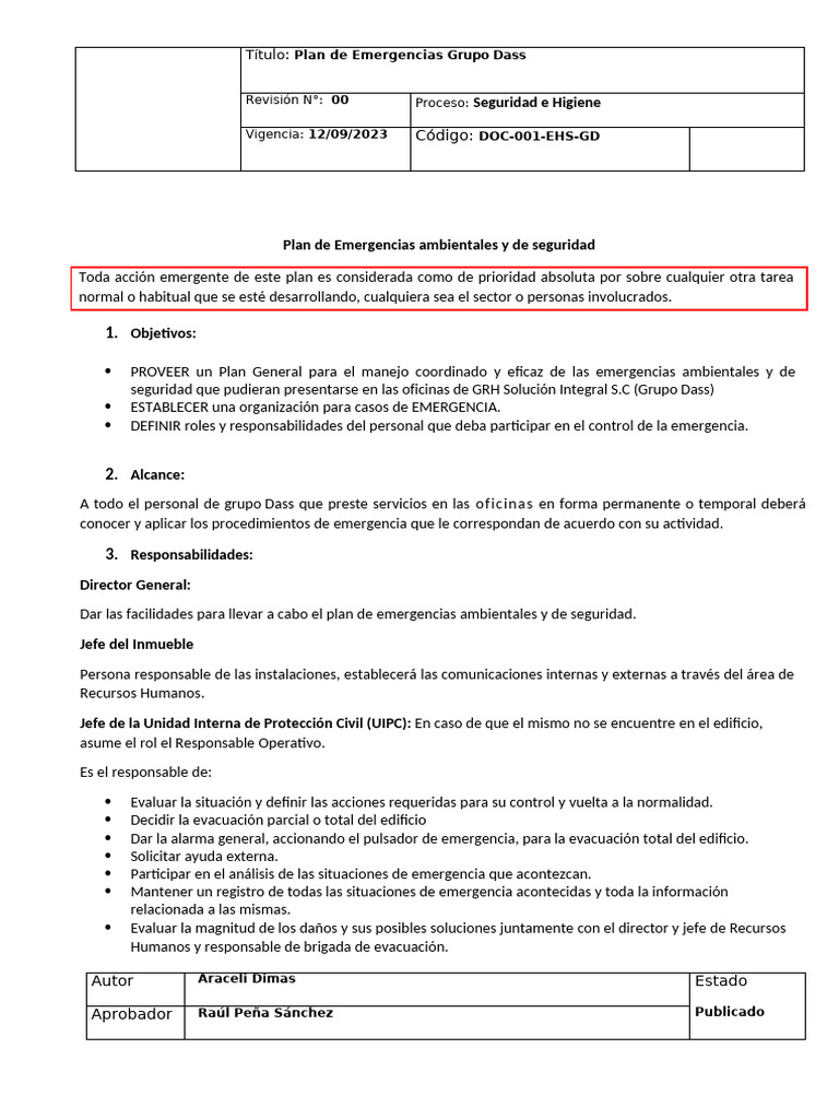 Plan de Emergencias Grupo DASS | PDF | Defensa Civil | Primeros auxilios