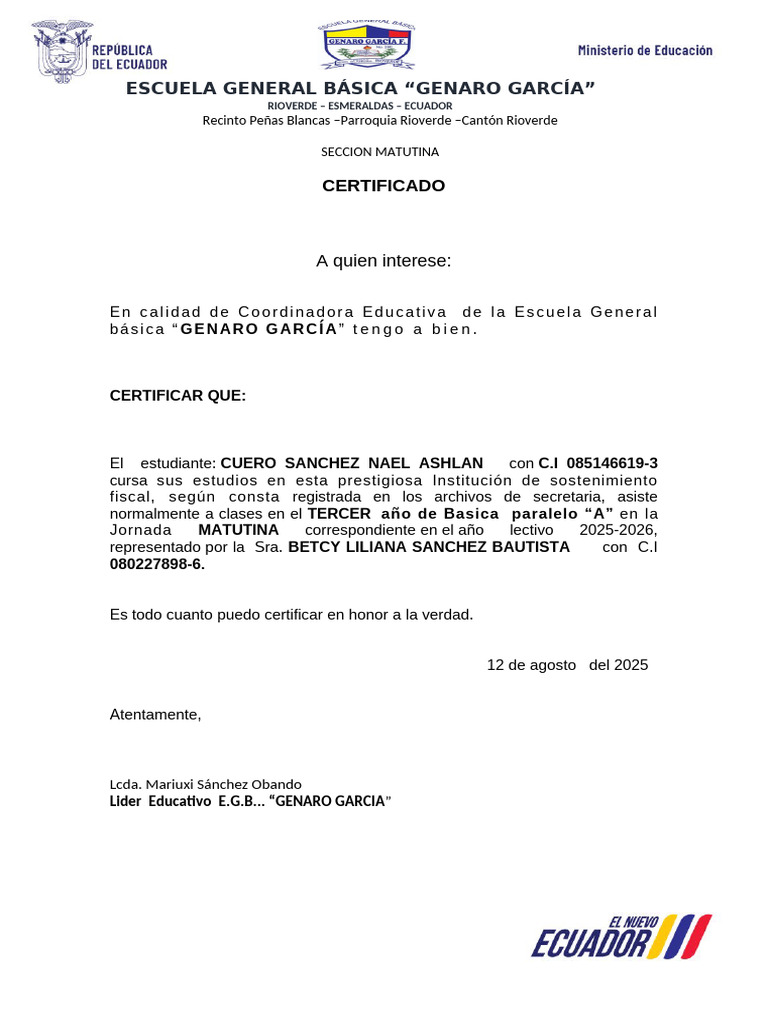 Certificado Estudiantil EGB 2025-2026 | PDF