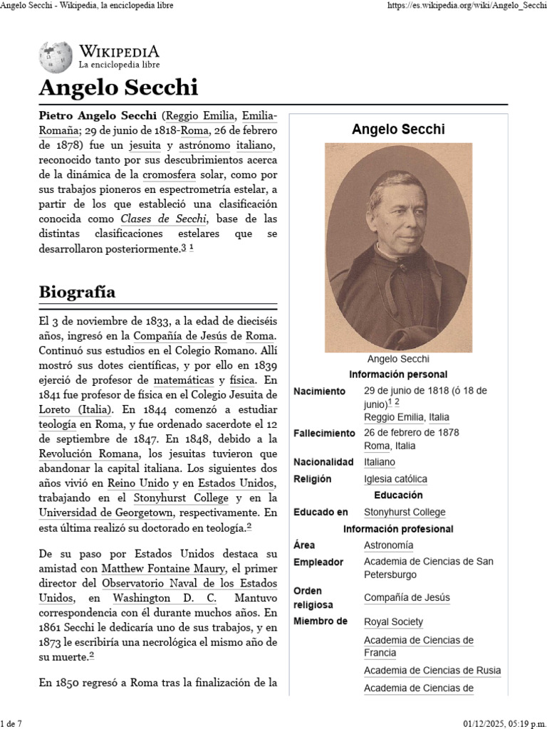 Vida y logros de Angelo Secchi | PDF | Astronomía | Ciencias fisicas