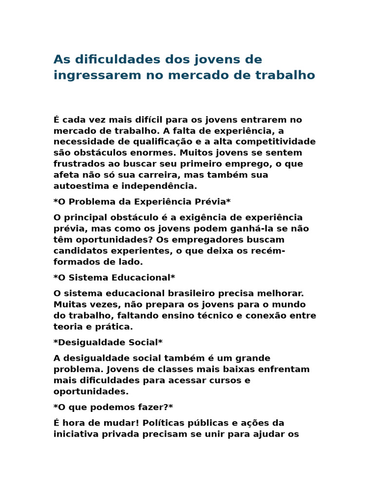 Desafios dos Jovens no Mercado de Trabalho | PDF
