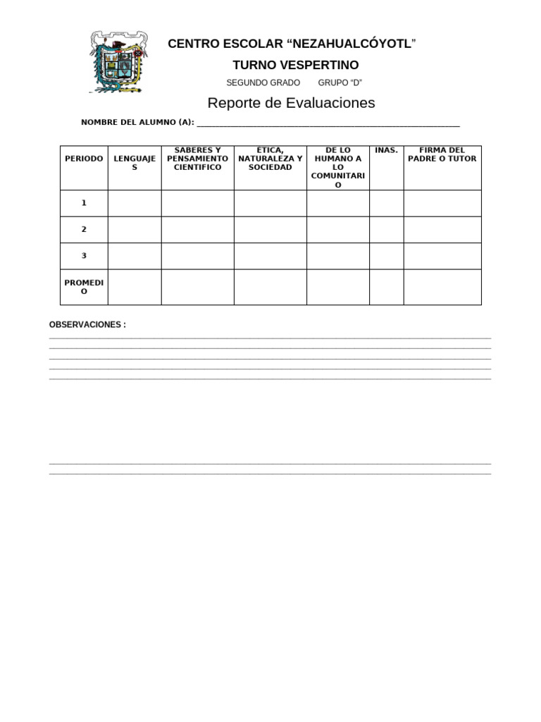 Reporte de Evaluaciones Segundo Grado | PDF