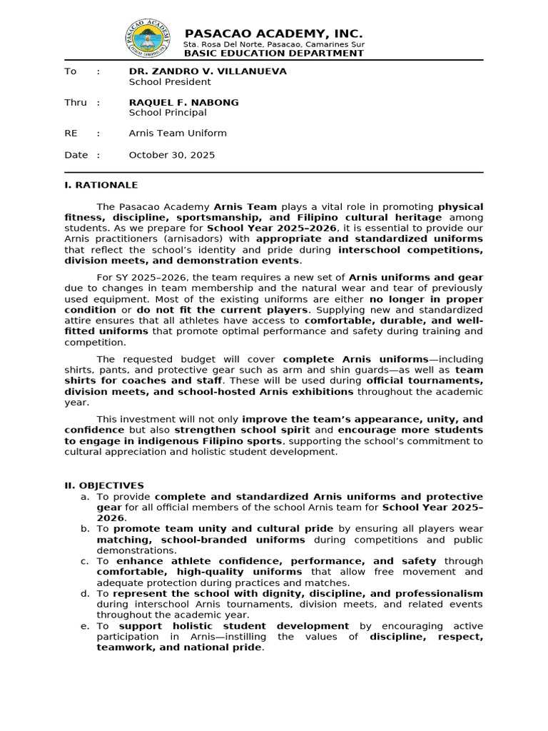 Arnis Team Uniform Proposal 2025-2026 | PDF