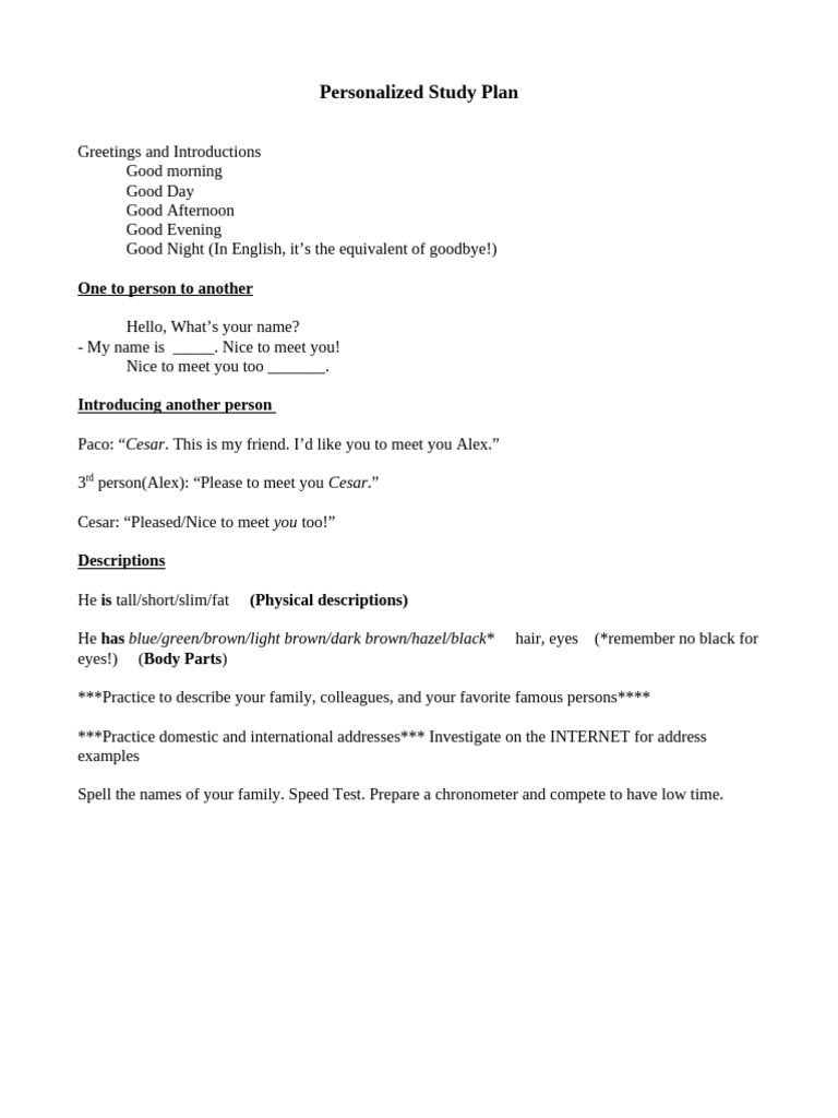 Personalized Study Plan for Introductions | PDF