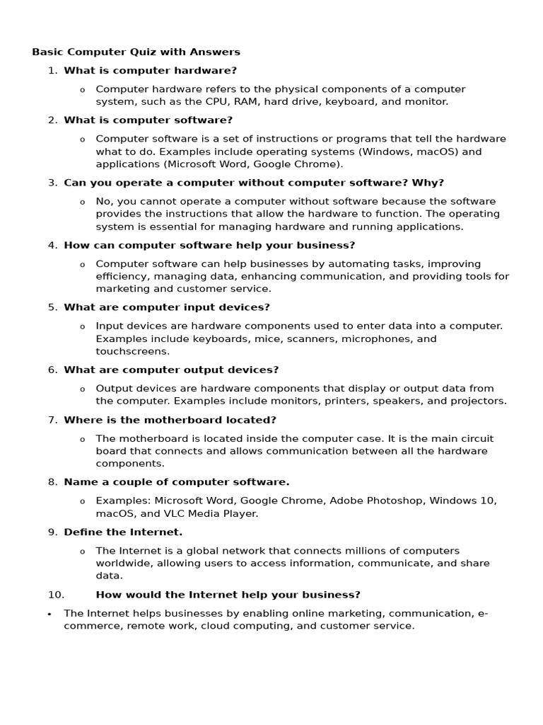 Computer Basics Quiz with Answers | PDF