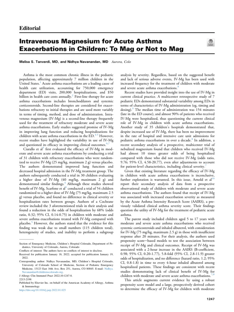 Intravenous Magnesium For Acute Asthma Exacerbatio | PDF | Asthma ...
