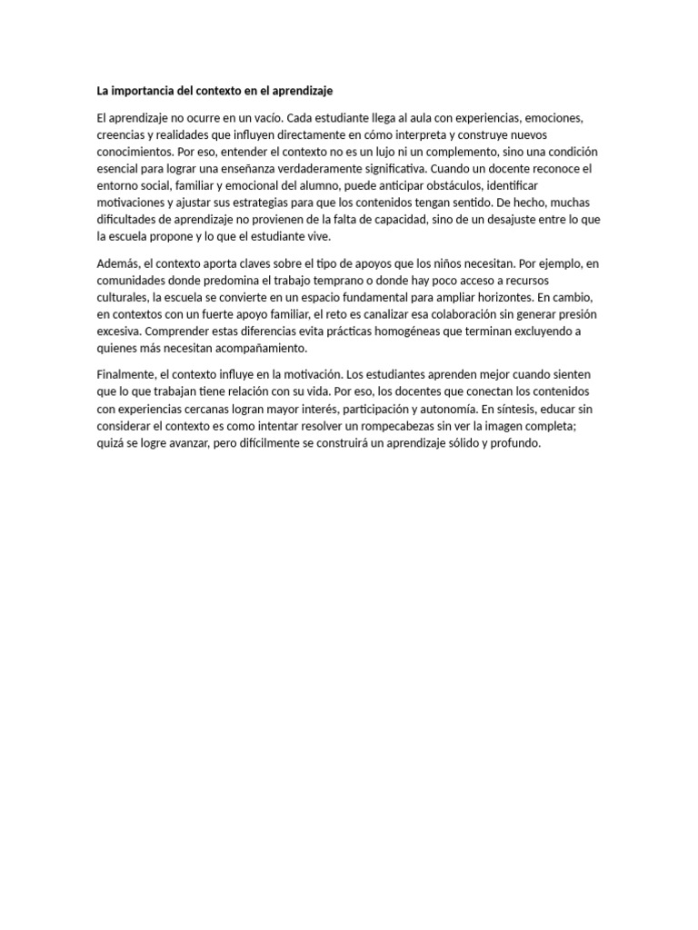 La Importancia Del Contexto en El Aprendizaje | PDF