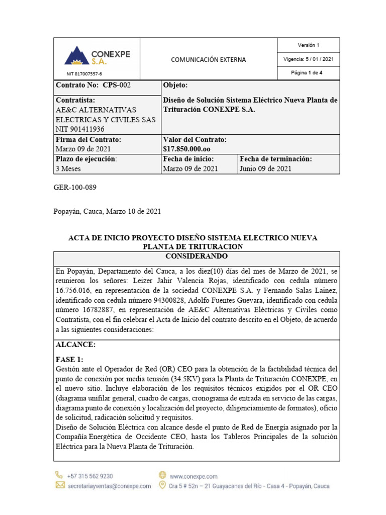 Acta de Inicio Contrato CPS-002 | PDF