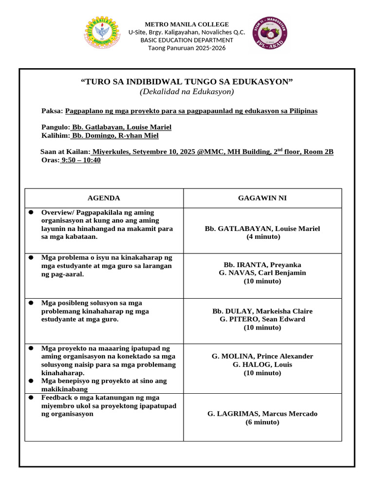 FPL Template Agenda Katitikan Mangosteen | PDF