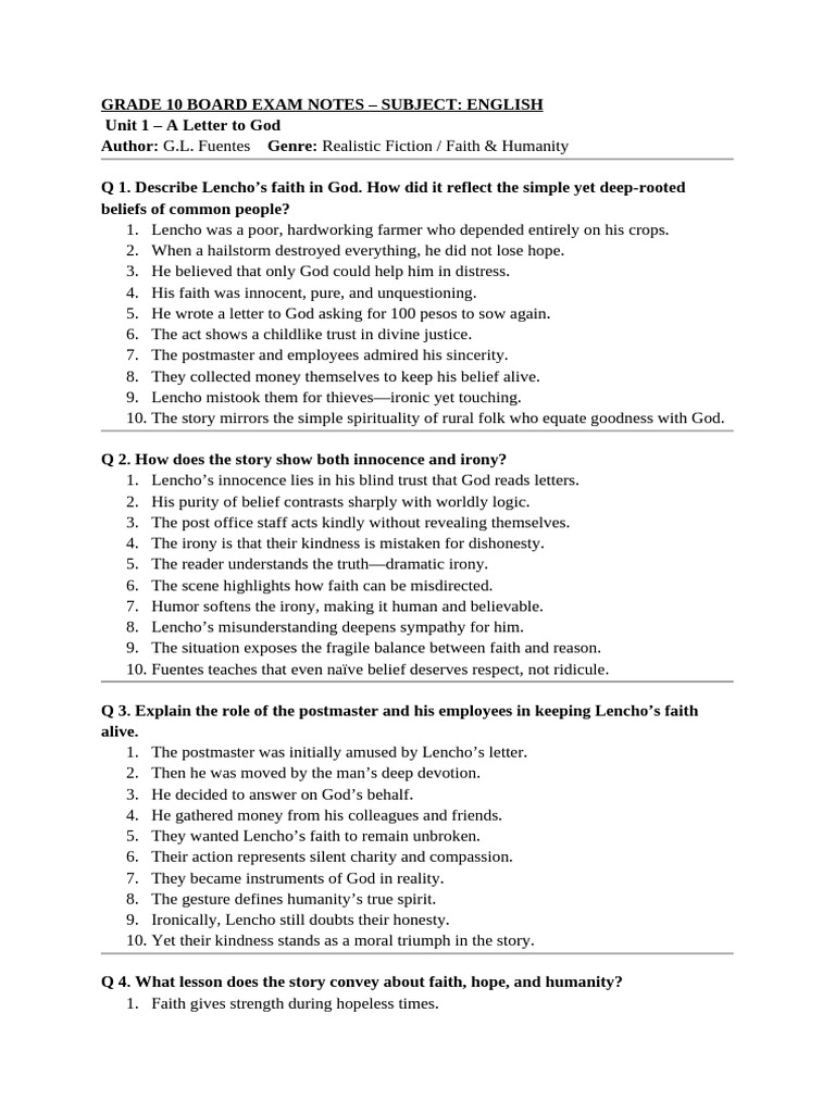 Grade 10 English Exam Notes: 
