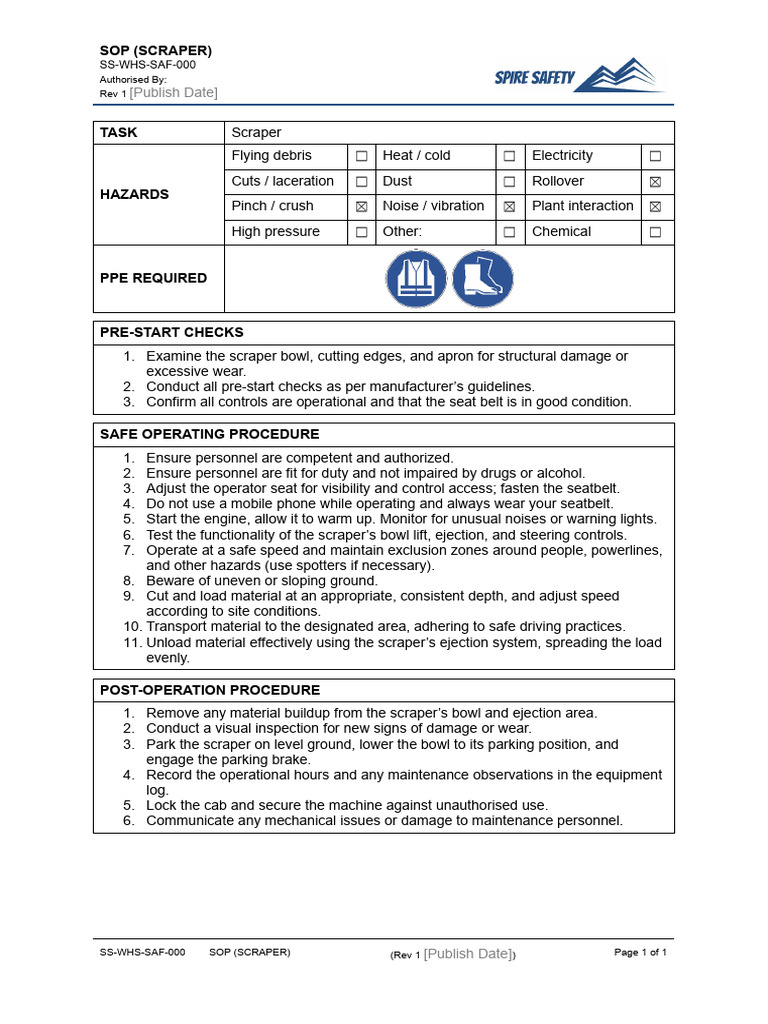 SS WHS SAF 000 Safe Operating Procedure Scraper 1 | PDF