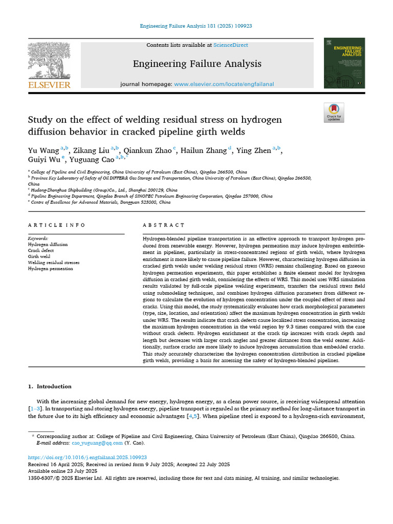 Welding Residual Stress and Hydrogen Diffusion | PDF | Fracture | Welding