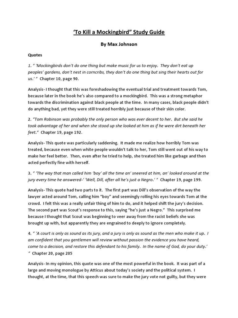 To Kill A Mockingbird Study Guide | PDF | To Kill A Mockingbird ...