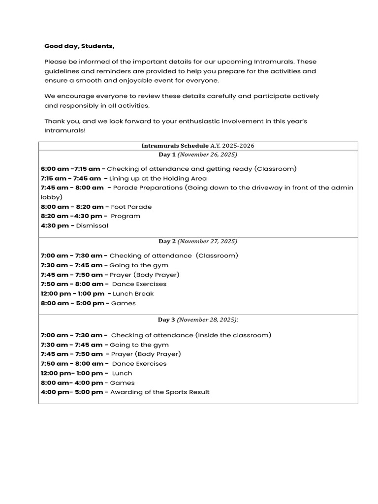 Intramurals 2025-2026 Schedule & Guidelines | PDF