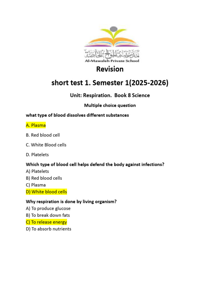 Grade 8 Short Test Revision Science | PDF | Blood | Red Blood Cell