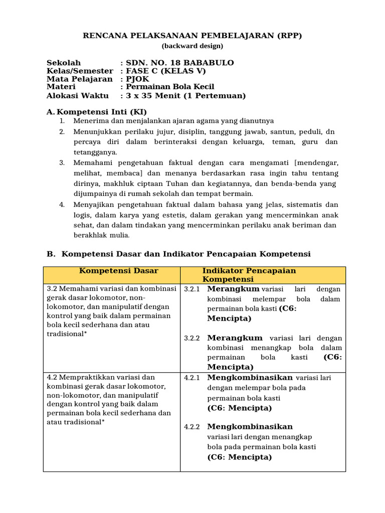 Rpp Backward Design Pjok | PDF