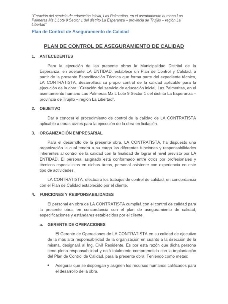 Plan de Control de Aseguramiento de Calidad - Las Palmeritas | PDF ...