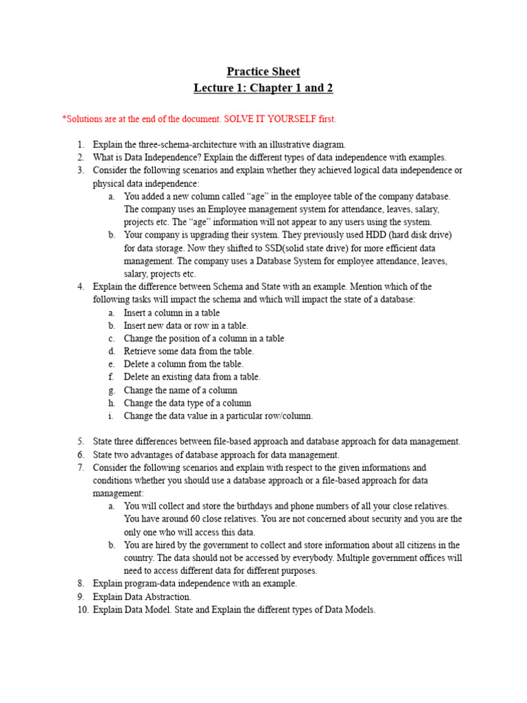 CSE370 Lecture 1 Chapter 1 and 2 Practice Sheet 1 | PDF | Databases ...