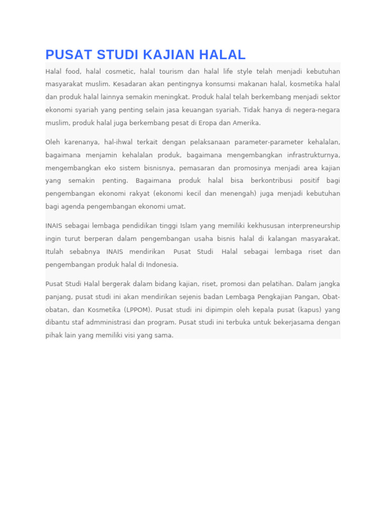 Pusat Studi Halal: Riset dan Pengembangan | PDF