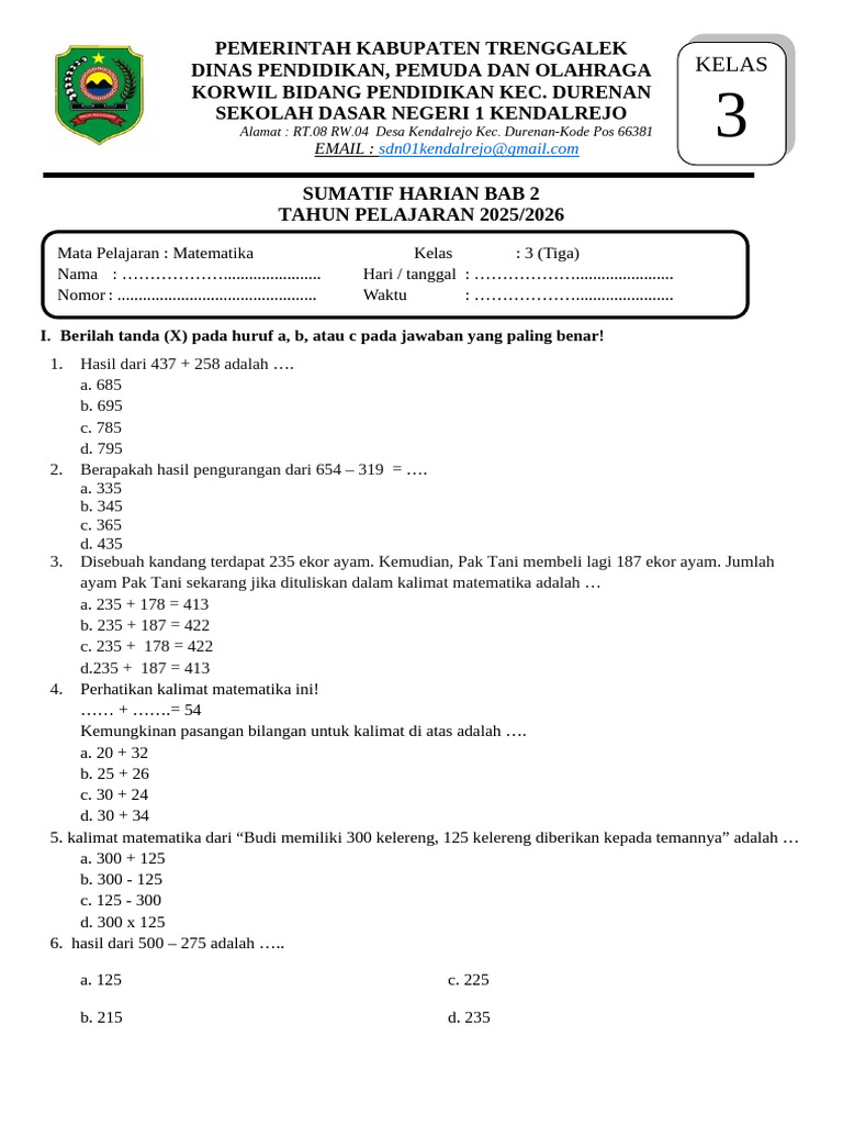 Soal Matematika Kelas 3 SD Tahun 2025/2026 | PDF