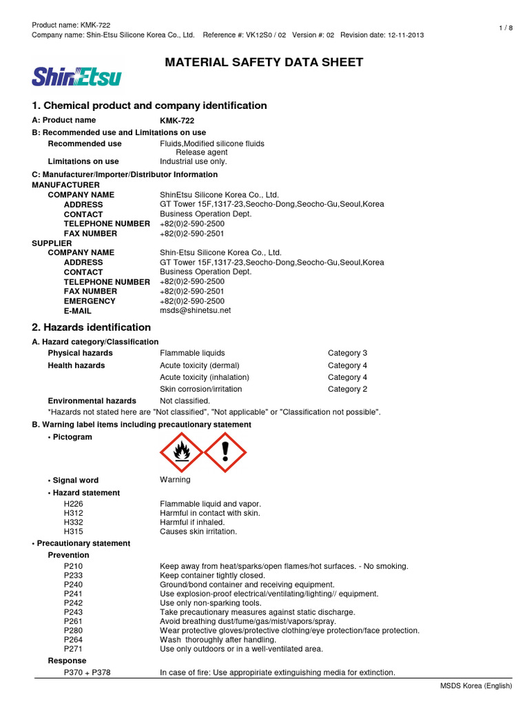 KMK-722 MSDS for Modified Silicone Fluids | PDF | Toxicity