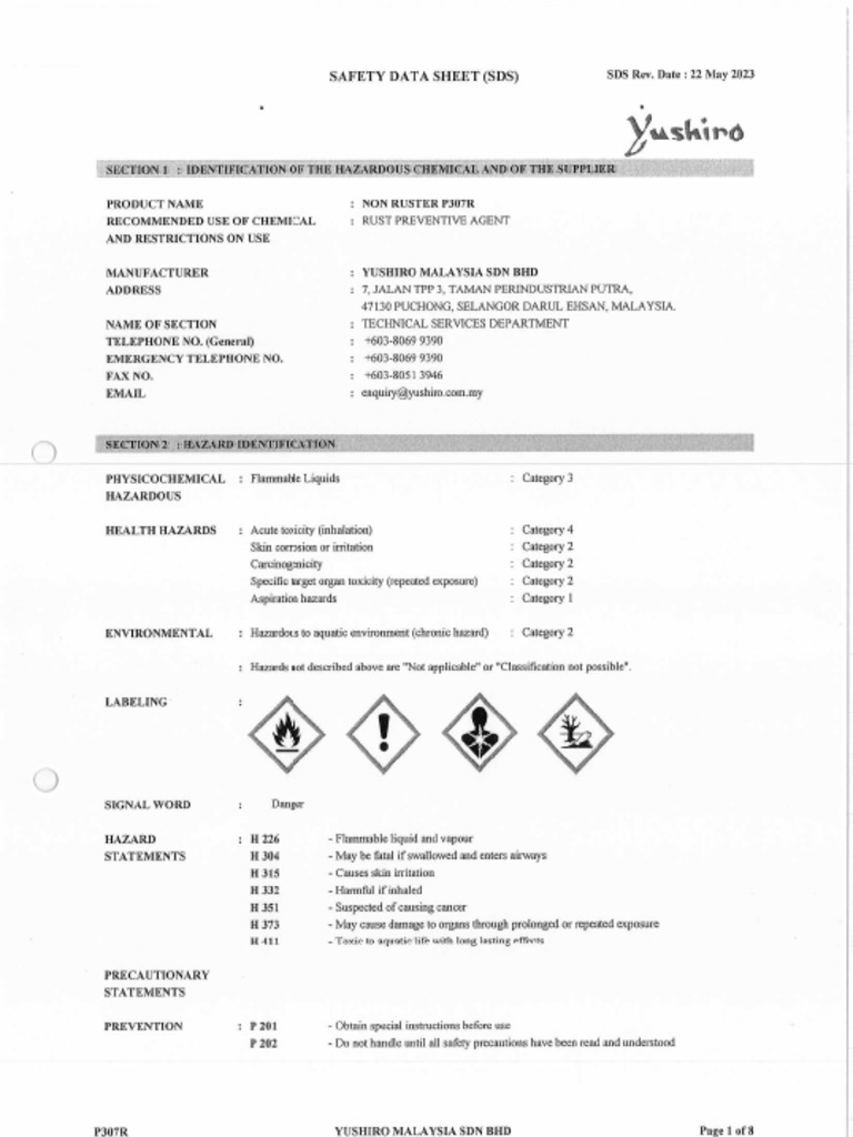 Non Ruster p307r Msds | PDF