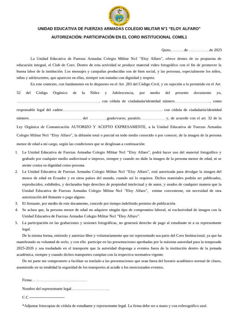 Autorización para Coro Institucional COMIL1 | PDF
