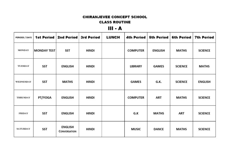 Class III-A Weekly Schedule | PDF