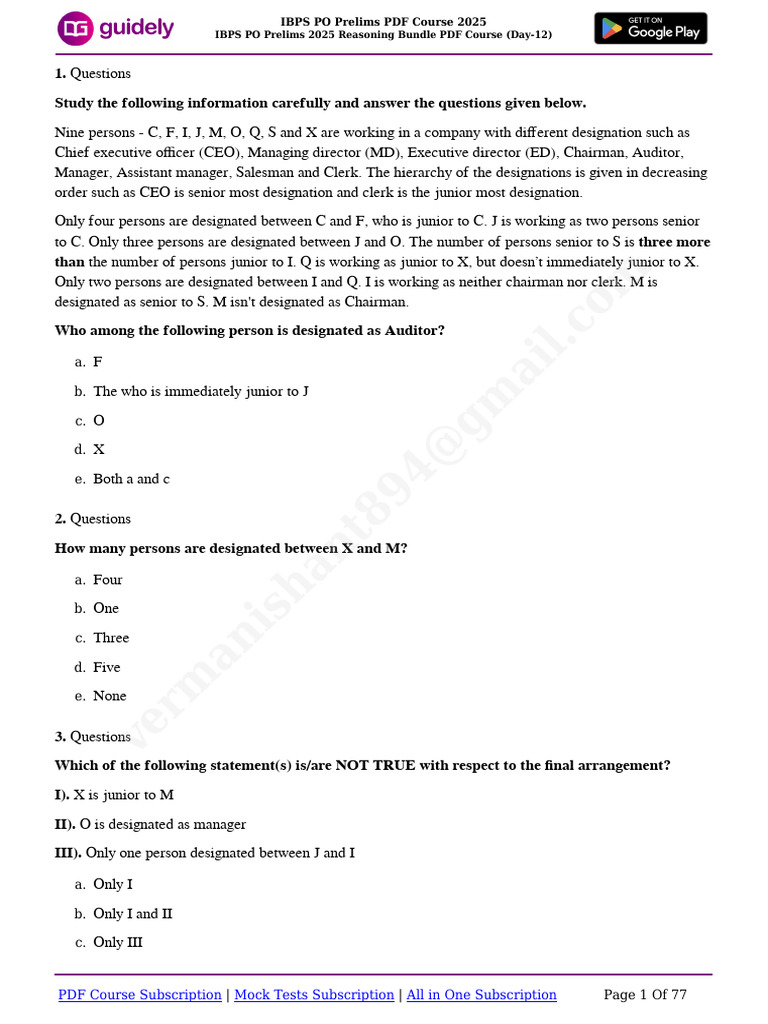 IBPS PO Prelims 2025 Reasoning Course | PDF