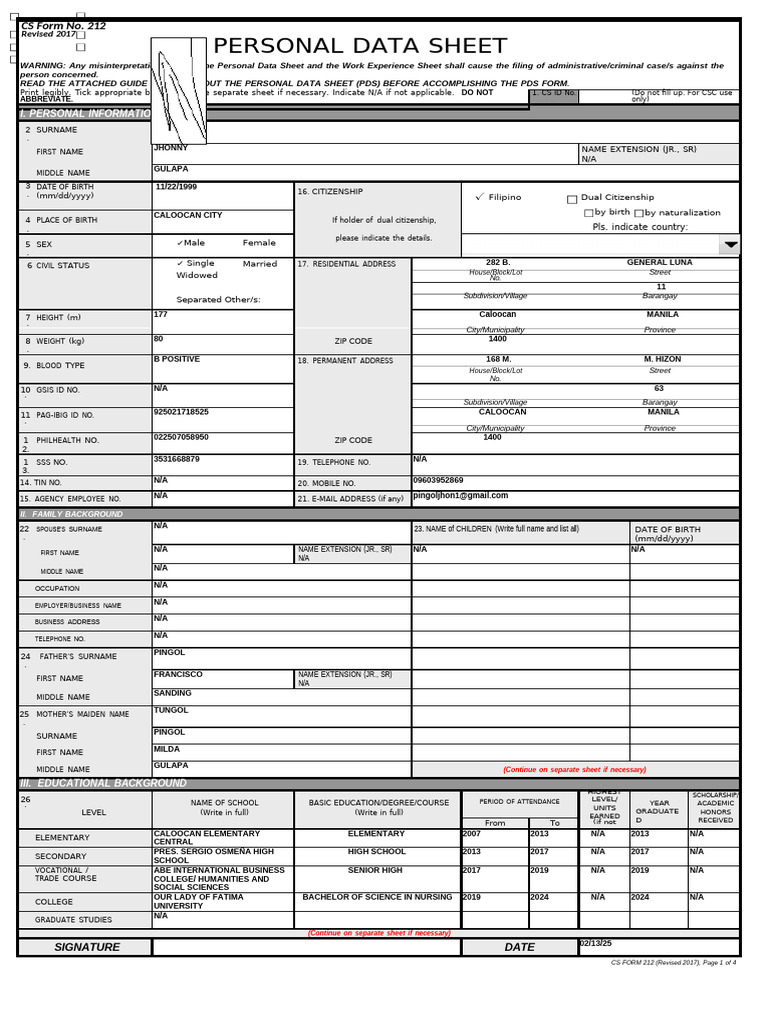 Personal Data Sheet CS Form 212 | PDF | Government