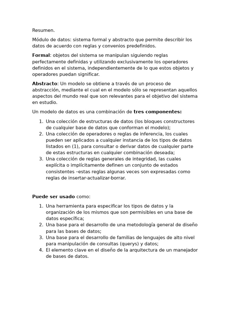 Resumen Modelo de Datos | PDF | Bases de datos | Sistema