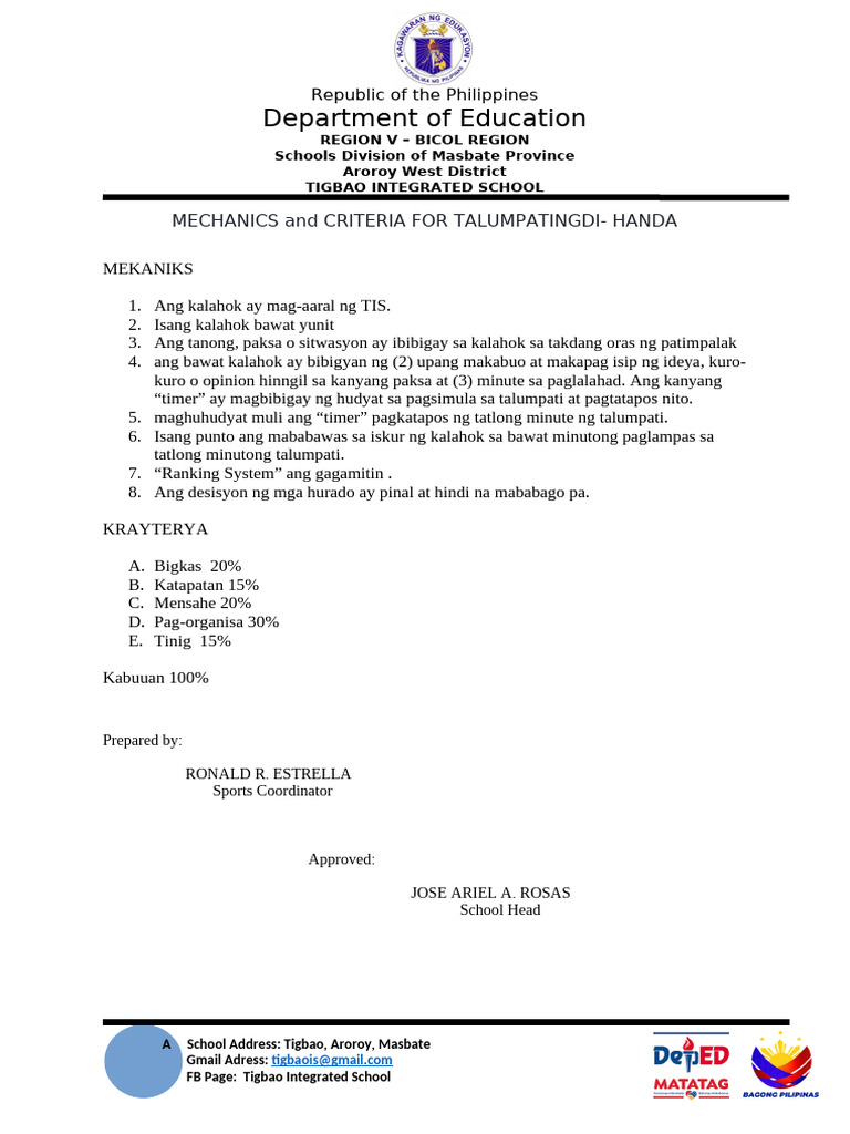 Criteria For DI HANDA | PDF
