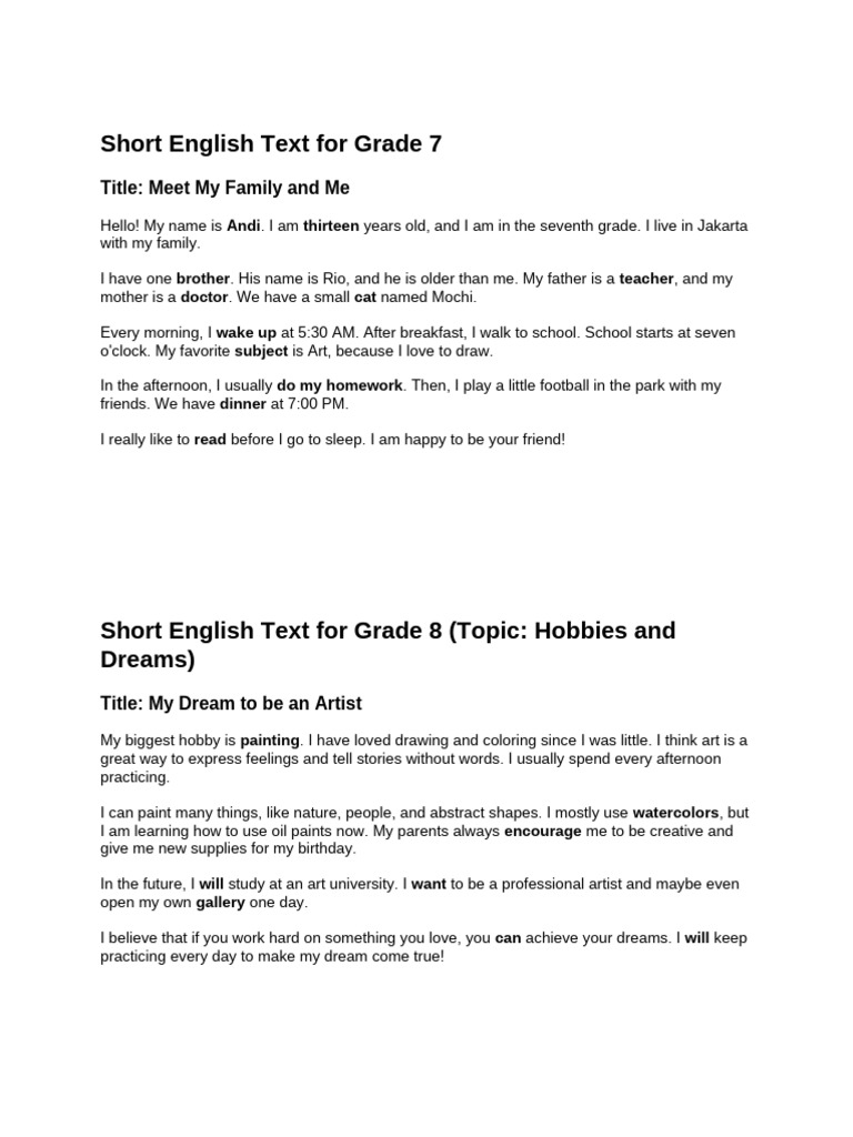 Short English Text For Grade 7 | PDF