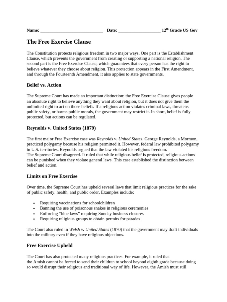 The Free Exercise Clause Classwork | PDF | Free Exercise Clause | First ...