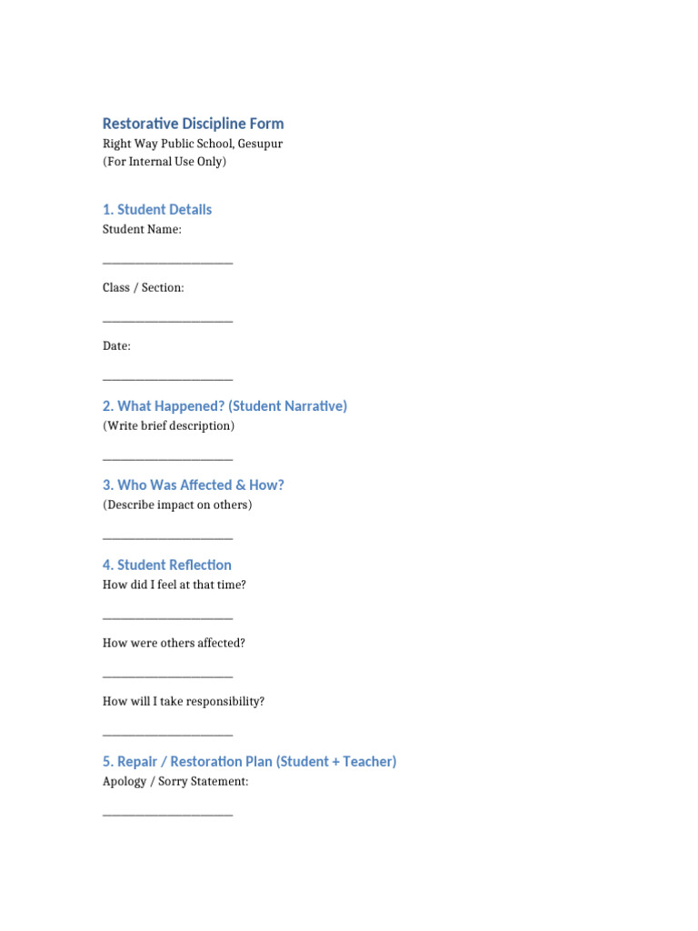 Restorative Discipline Form Template | PDF