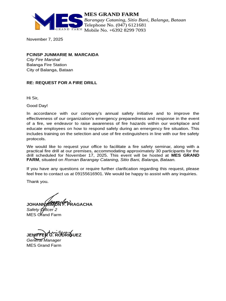 Fire Drill Request at MES Grand Farm | PDF