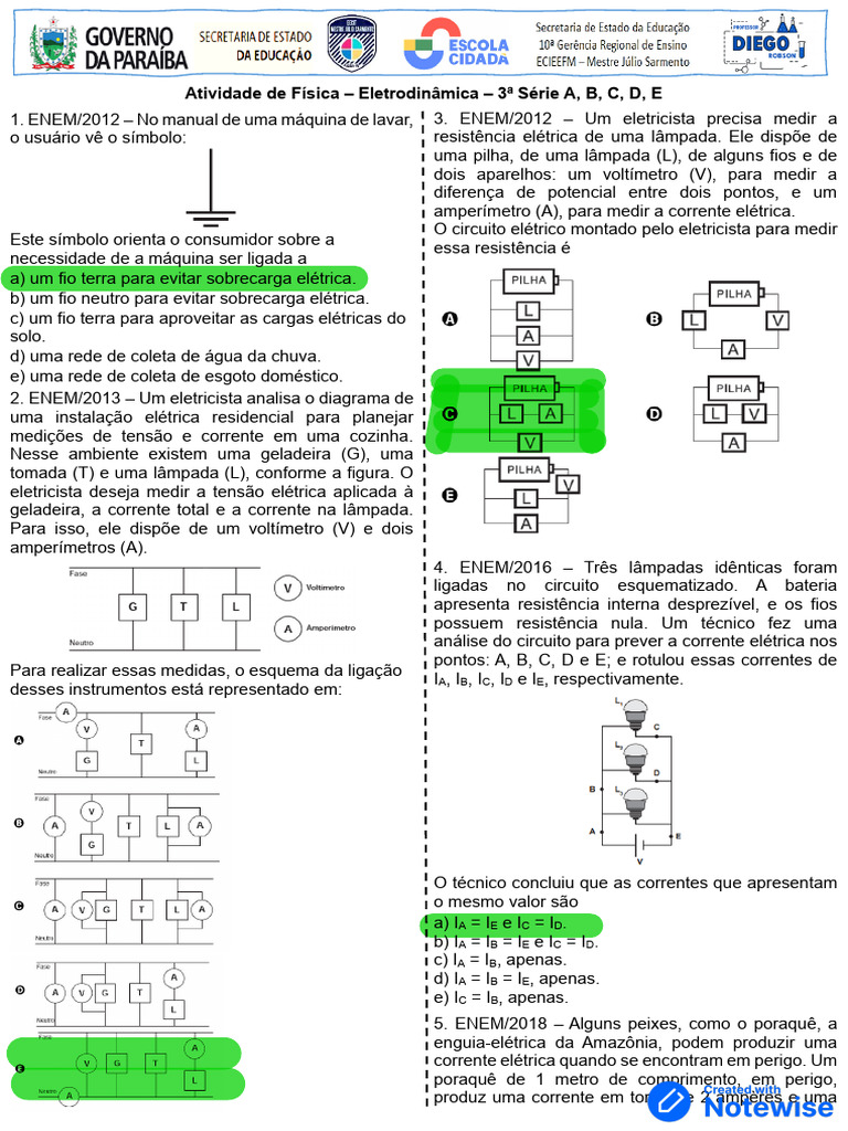 Questões de Eletrodinâmica ENEM | PDF | Rede elétrica | Circuitos em ...