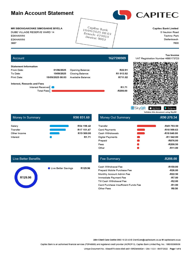 Capitec Bank Account Statement Summary | PDF | Payments | Fee
