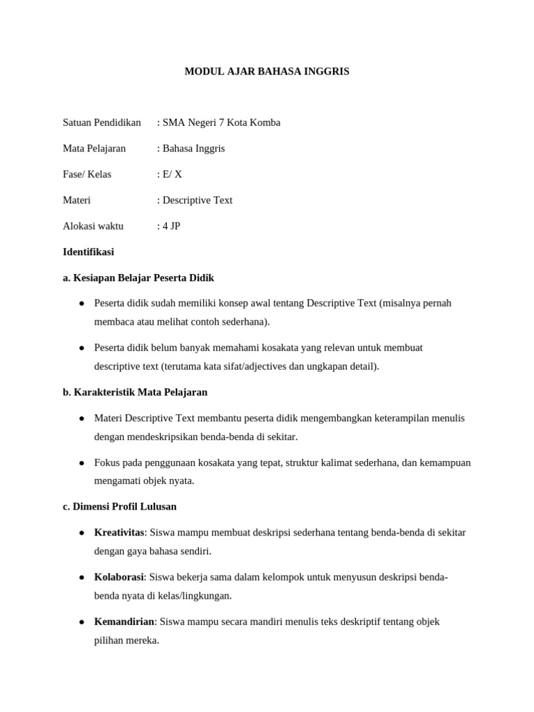 Modul Ajar Descriptive Text SMA | PDF