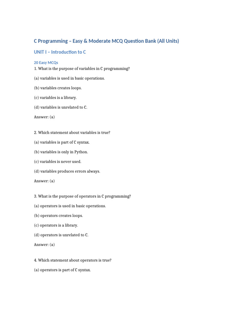 Unique Easy 20 Moderate 10 All Units | PDF | Control Flow | C ...